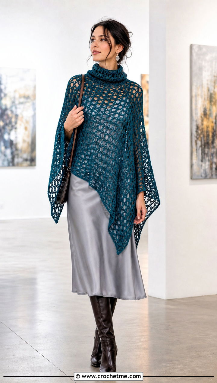 Openwork Mesh Turtle Neck Crochet Poncho Over A Slip Dress - 25 Turtle Neck Crochet Poncho outfit ideas