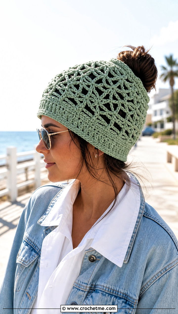 Openwork Messy Bun Crochet Hat With Spring Layers - 25 messy bun crochet hat with hair tie outfit ideas