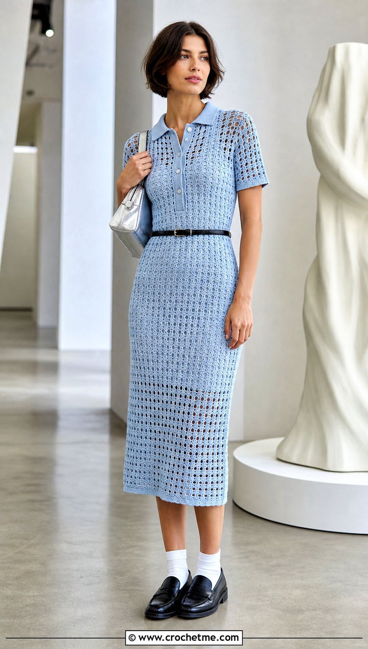 Openwork Midi Crochet Polo Dress With Loafers - 30 Crochet Polo Dress outfit ideas