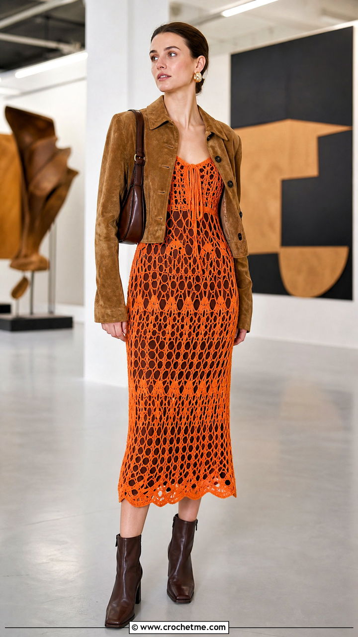 Openwork Midi Crochet Winter Dress With Slip And Ankle Boots - 35 crochet winter dress outfit ideas