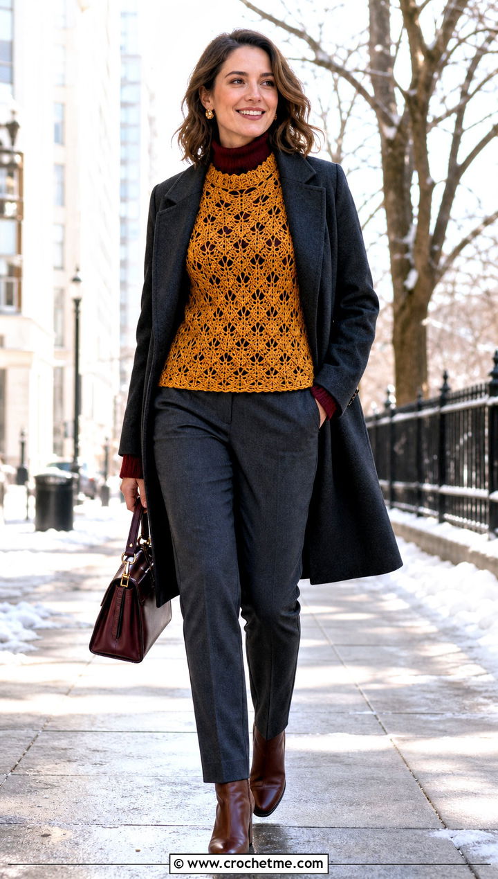 Openwork Mock Neck Crochet Sweater With Layered Trousers - 20 Open Weave Crochet Sweater outfit ideas