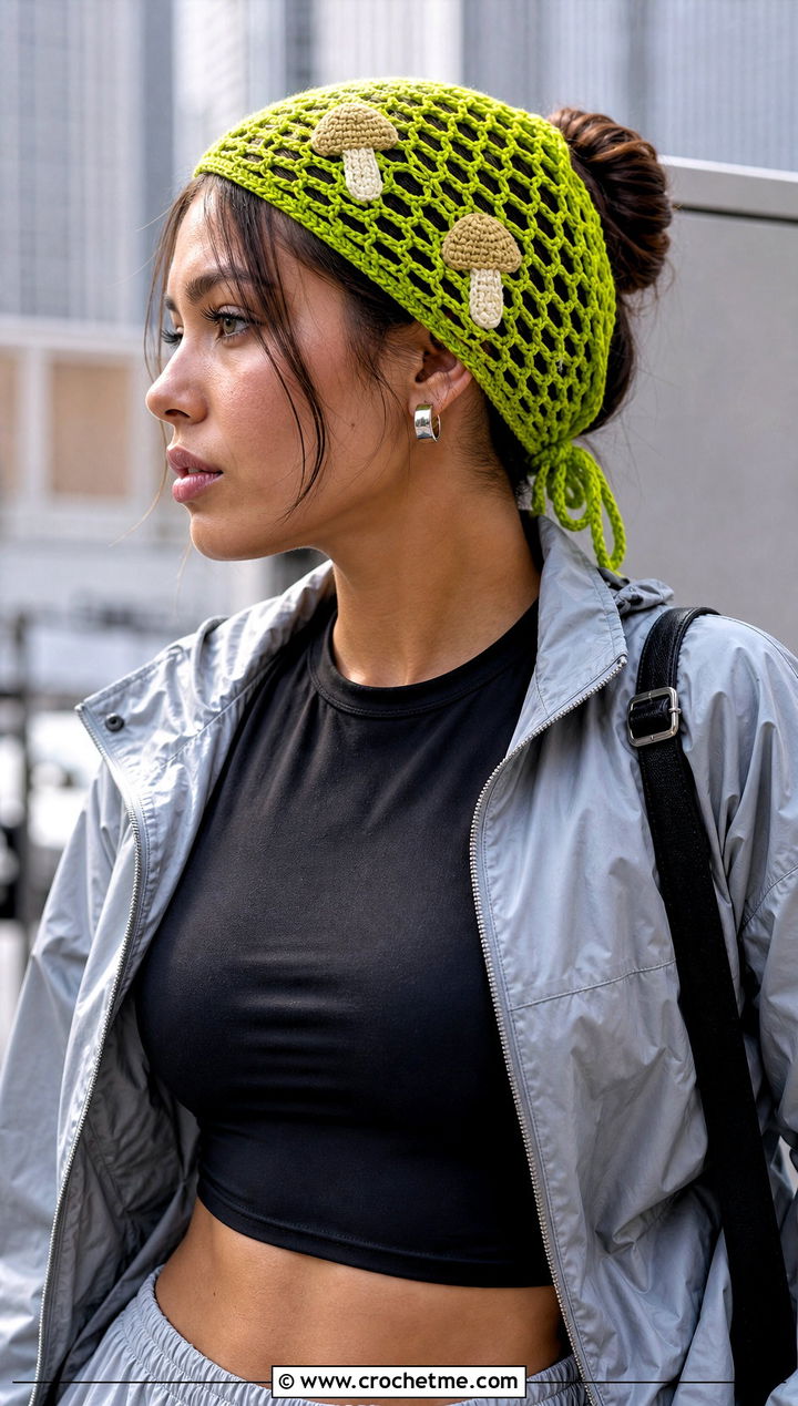 Openwork Mushroom Bandana Headband With Cargo Pants - 25 Crochet Mushroom Headband outfit ideas