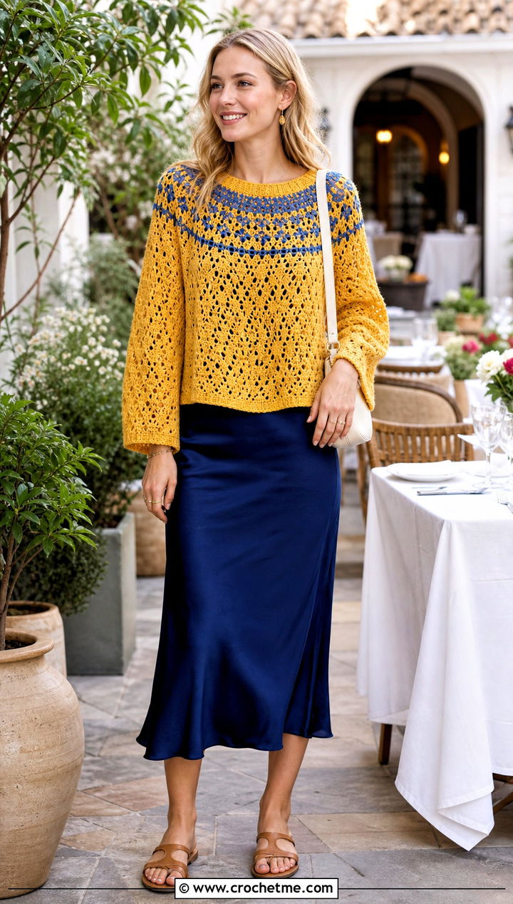 Openwork Norwegian Crochet Sweater With Slip Dress - 20 Norwegian Crochet Sweater outfit ideas