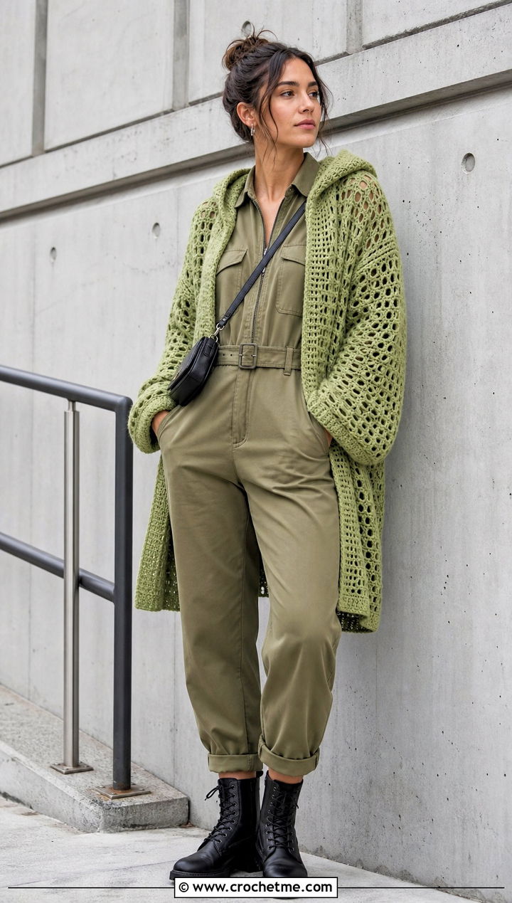 Openwork Oversized Crochet Hoodie With Utility Jumpsuit - 20 oversized crochet hoodie outfit ideas