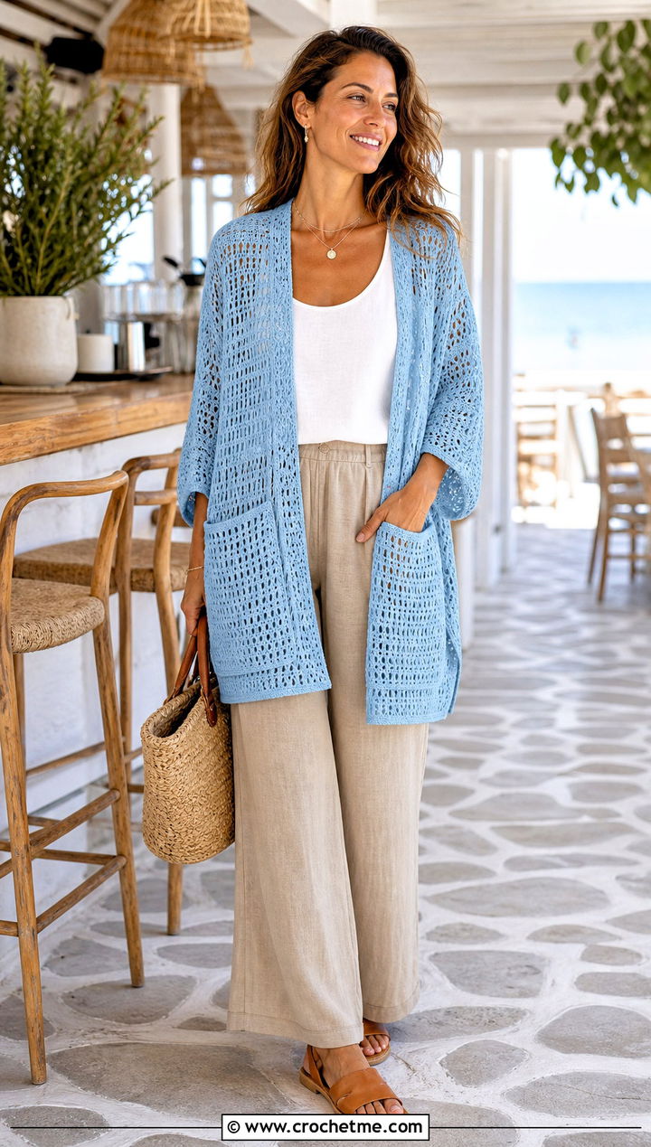 Openwork Pocket Shawl With Linen Pants - 15 Crochet Shawls And Wraps With Pockets outfit ideas