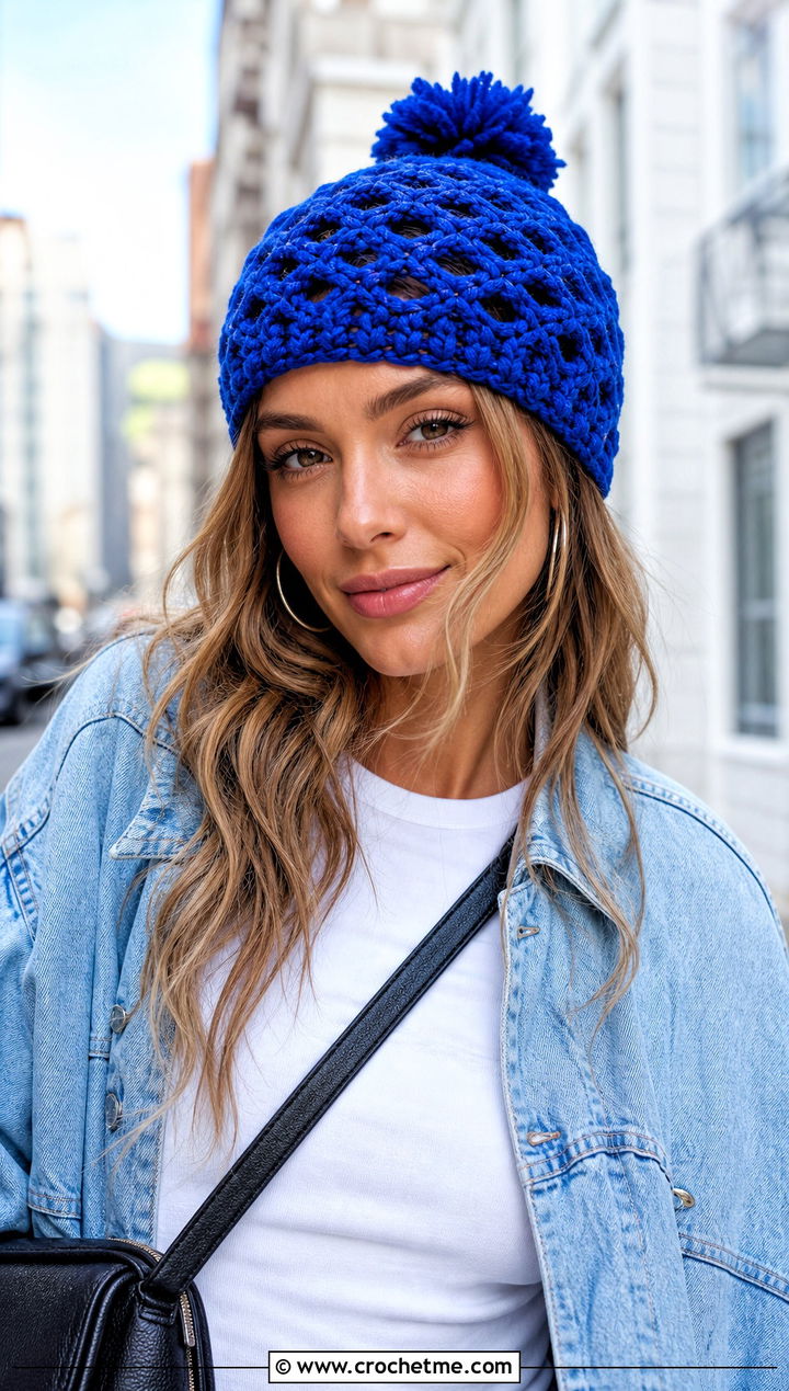 Openwork Pom Pom Vintage Vibes Beanie With Denim Jacket - 15 Vintage Vibes Beanie By The Crochet Fix outfit ideas