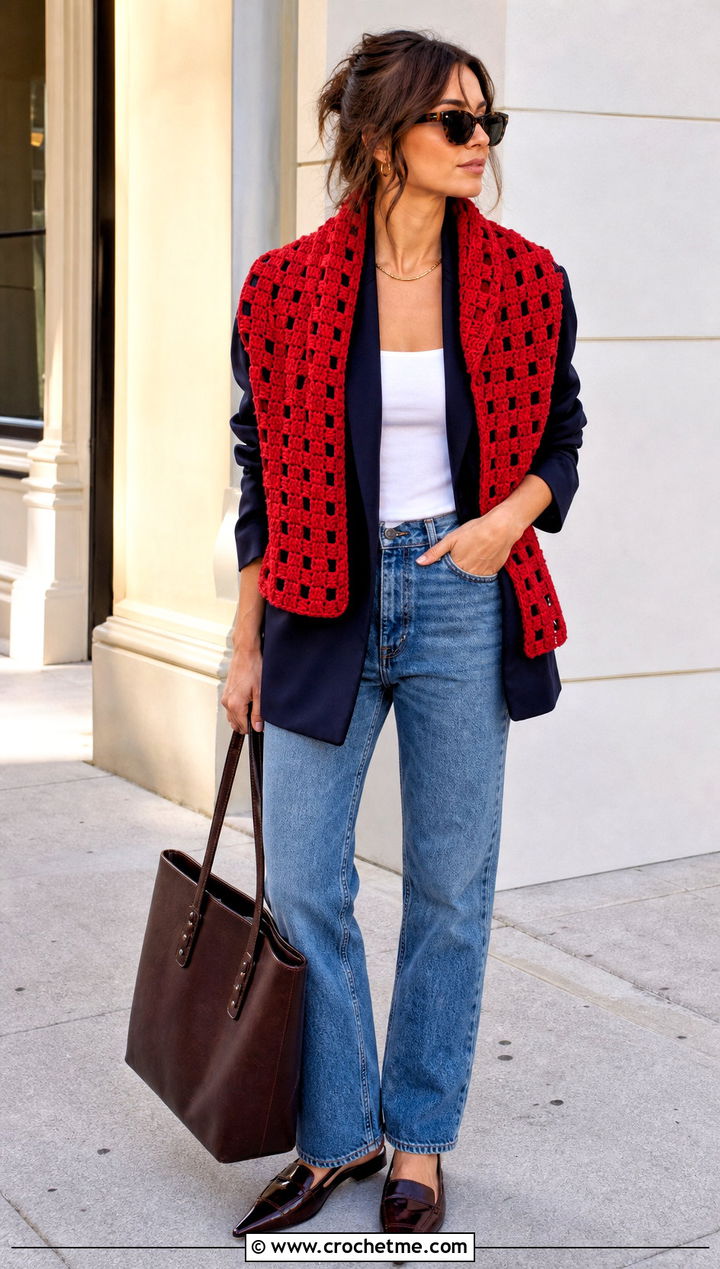Openwork Rectangle Crochet Shawl With Blazer And Jeans - 20 Rectangle Crochet Shawls outfit ideas