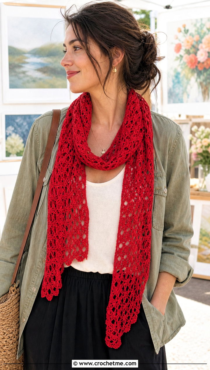 Openwork Red Crochet Scarf With Utility Jacket And Maxi Skirt - 25 taylor swift red crochet scarf outfit ideas