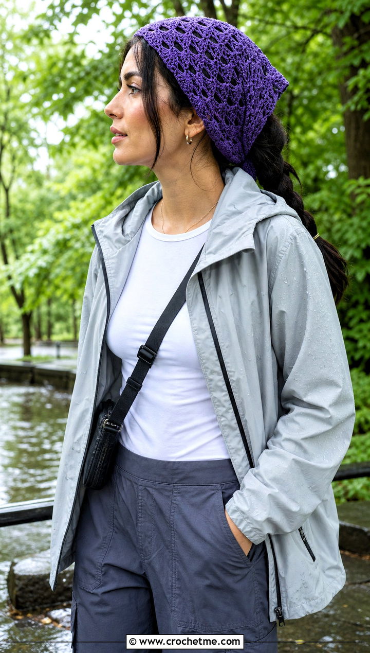 Openwork Shell Bandana Crochet Scarf With Rain Jacket - 20 Bandana Crochet Scarf outfit ideas