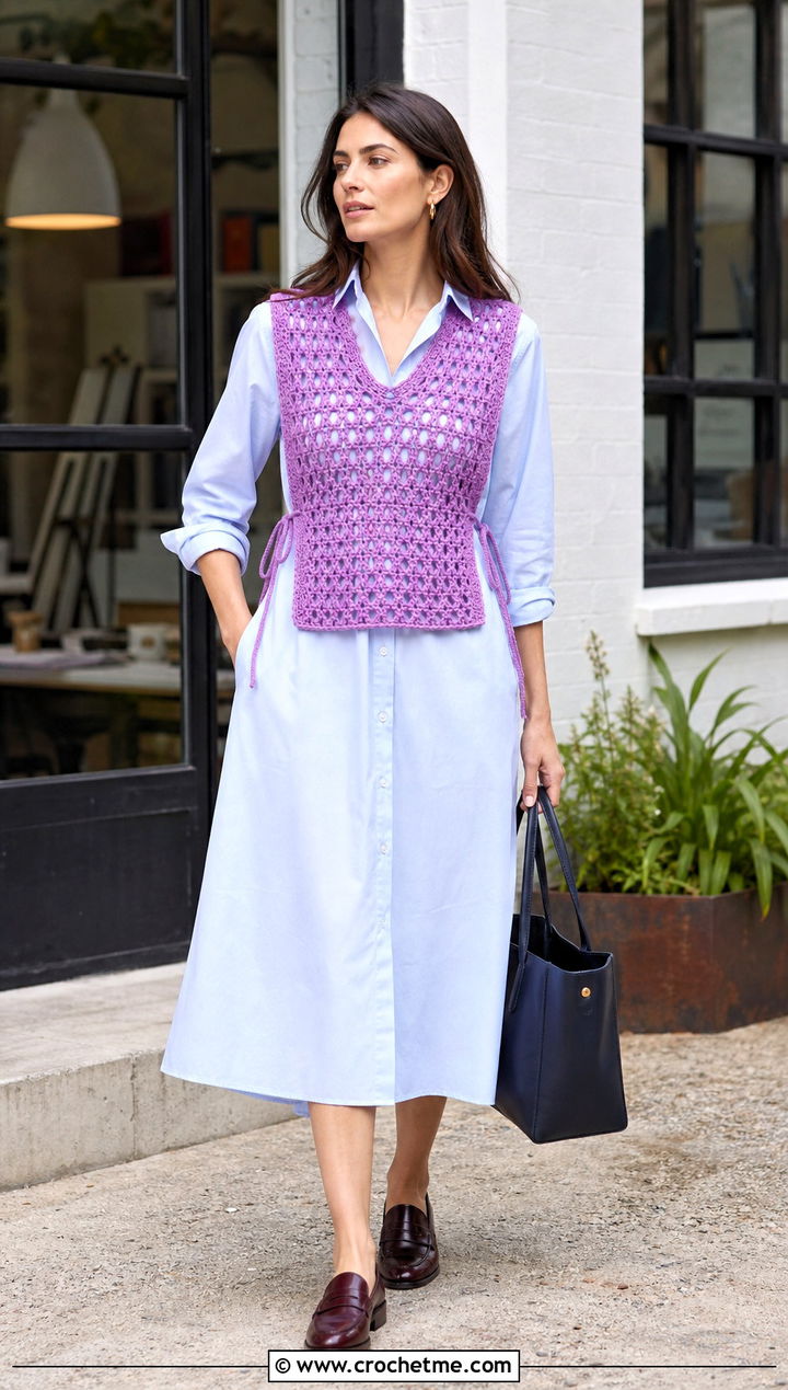 Openwork Side Tie Crochet Vest With Shirt Dress - 30 crochet vest tie sides outfit ideas