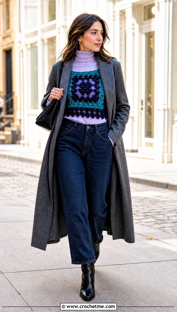 Openwork Single Granny Square Top With Layered Fall Outfit - 25 single granny square top outfit ideas