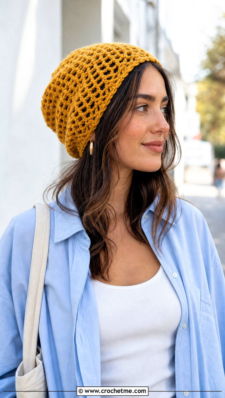 Openwork Slouch Beanie With Oversized Shirt - 15 Lightweight Crochet Beanie outfit ideas
