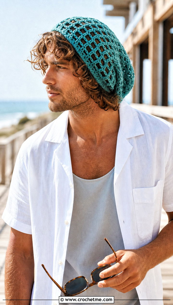 Openwork Slouch Crochet Beanie With Beach Outfit - 20 Mens Slouch Crochet Beanie outfit ideas