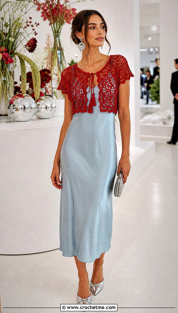 Openwork Sophia Crop Top Over A Slip Dress - 15 Crochet Sophia Crop Top outfit ideas