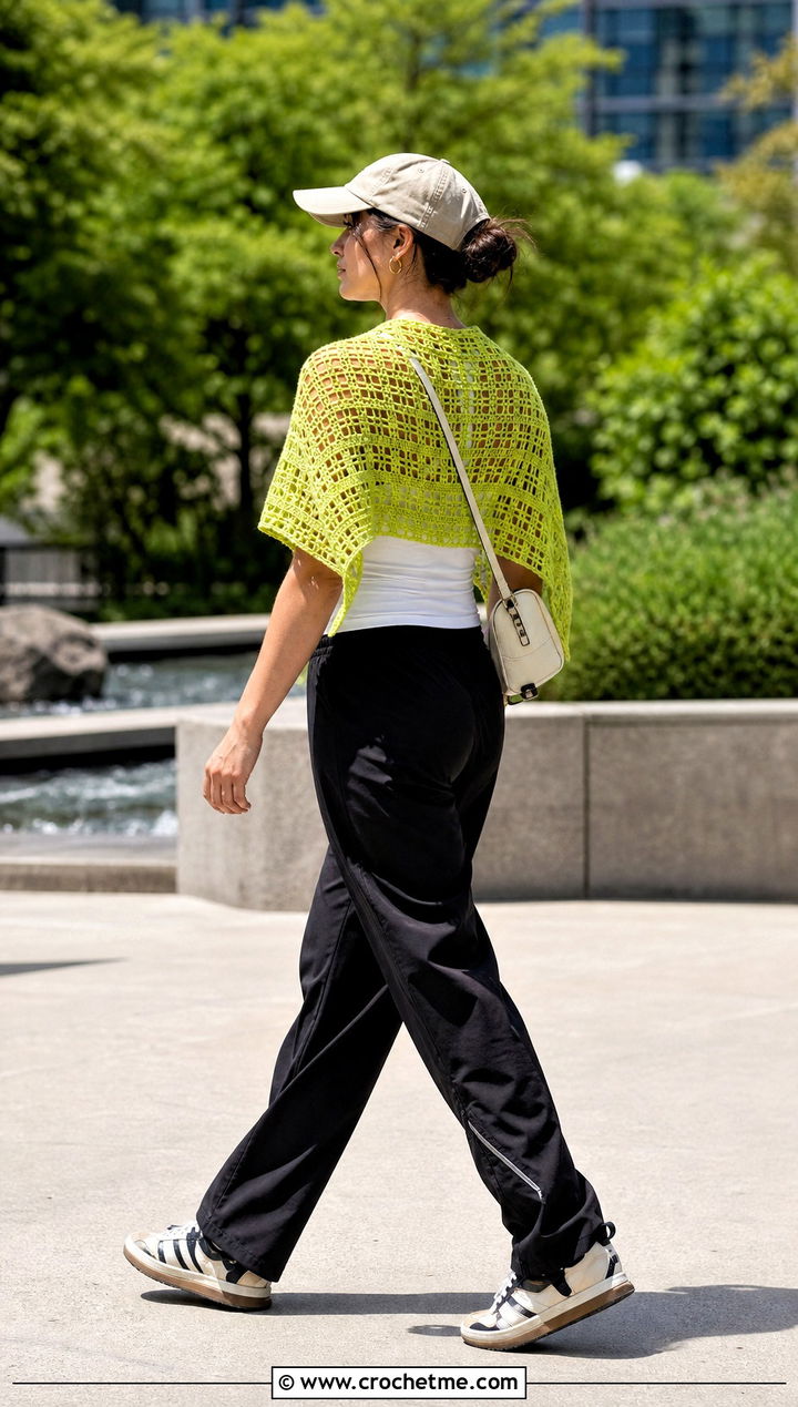 Openwork Square Crochet Shawl With Track Pants - 25 Square Crochet Shawl outfit ideas
