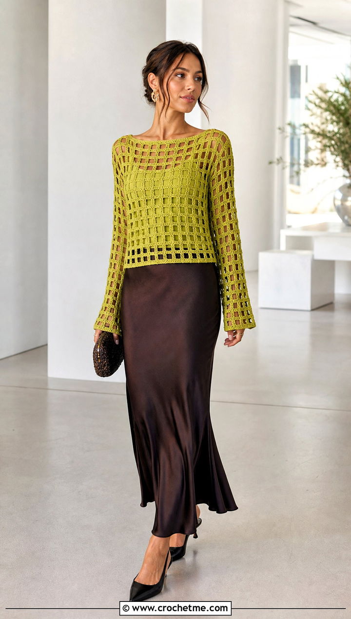 Openwork Square Jumper With Satin Slip Skirt - 30 crochet square jumper outfit ideas