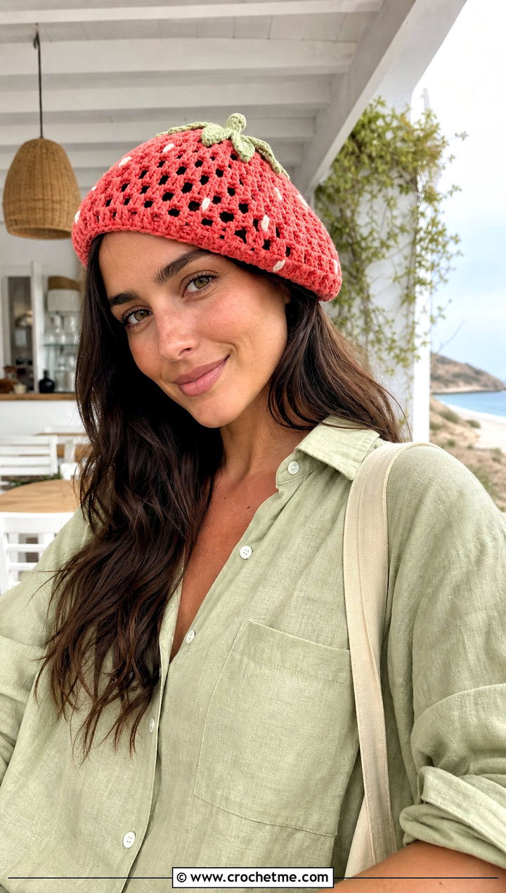 Openwork Strawberry Crochet Beret With Linen Set - 25 strawberry crochet beret outfit ideas