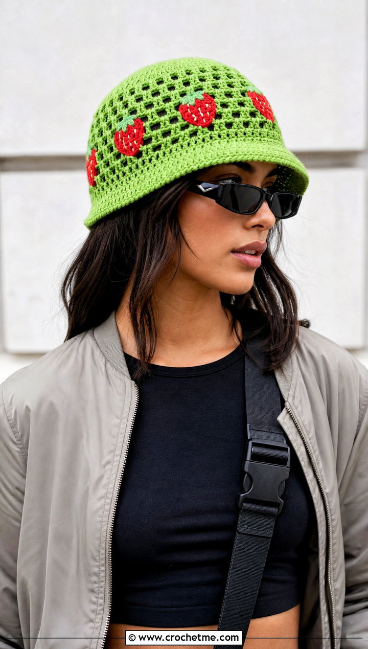 Openwork Strawberry Crochet Bucket Hat With Cargo Pants - 15 strawberry crochet bucket hat outfit ideas