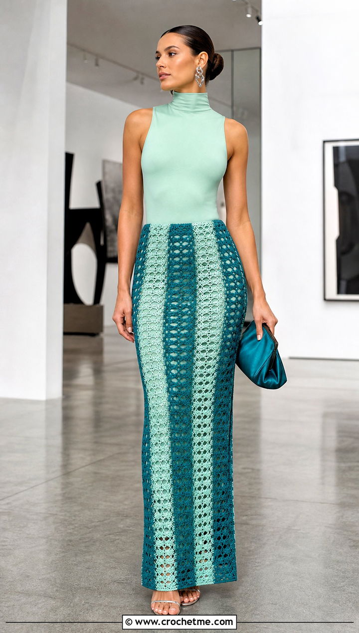 Openwork Striped Crochet Column Skirt With Bodysuit - 25 striped crochet skirt outfit ideas