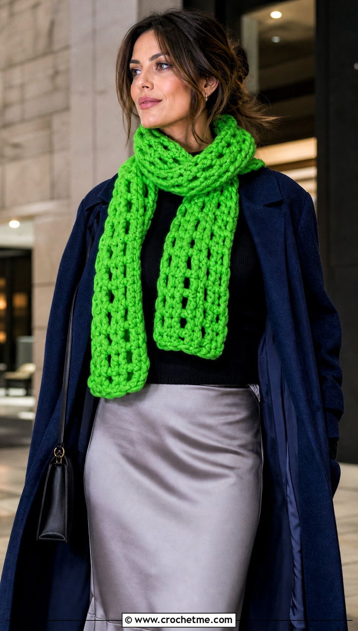 Openwork Super Bulky Crochet Scarf With Satin Skirt - 15 Super Bulky Crochet Scarf outfit ideas