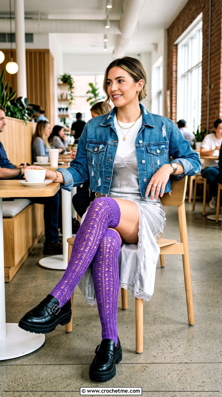 Openwork Thigh High Crochet Socks With Satin Slip Dress - 35 thigh high crochet socks outfit ideas