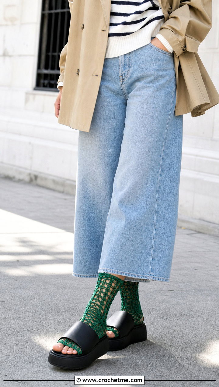 Openwork Toeless Crochet Socks With Wide Leg Jeans - 20 Toeless Crochet Socks outfit ideas