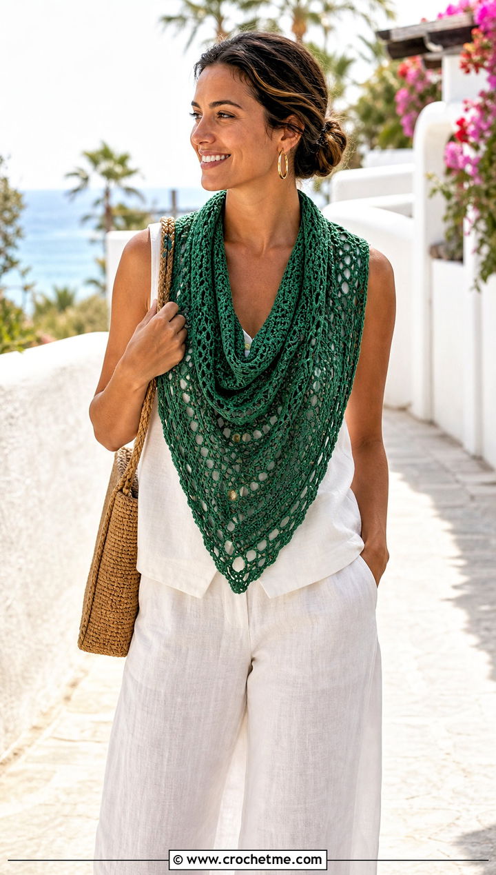 Openwork Triangle Cowl With Linen Set - 30 crochet triangle cowl outfit ideas