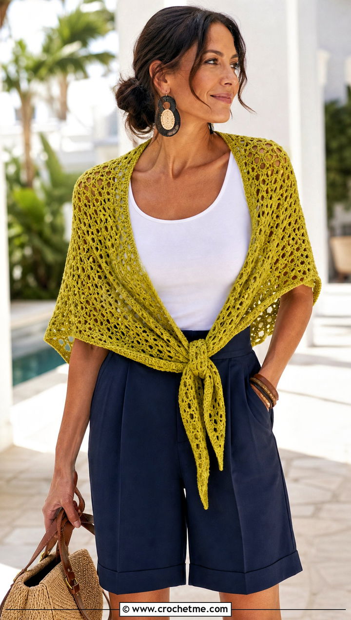 Openwork Triangle Crochet Shawl With Bermuda Shorts - 25 triangle crochet shawls outfit ideas