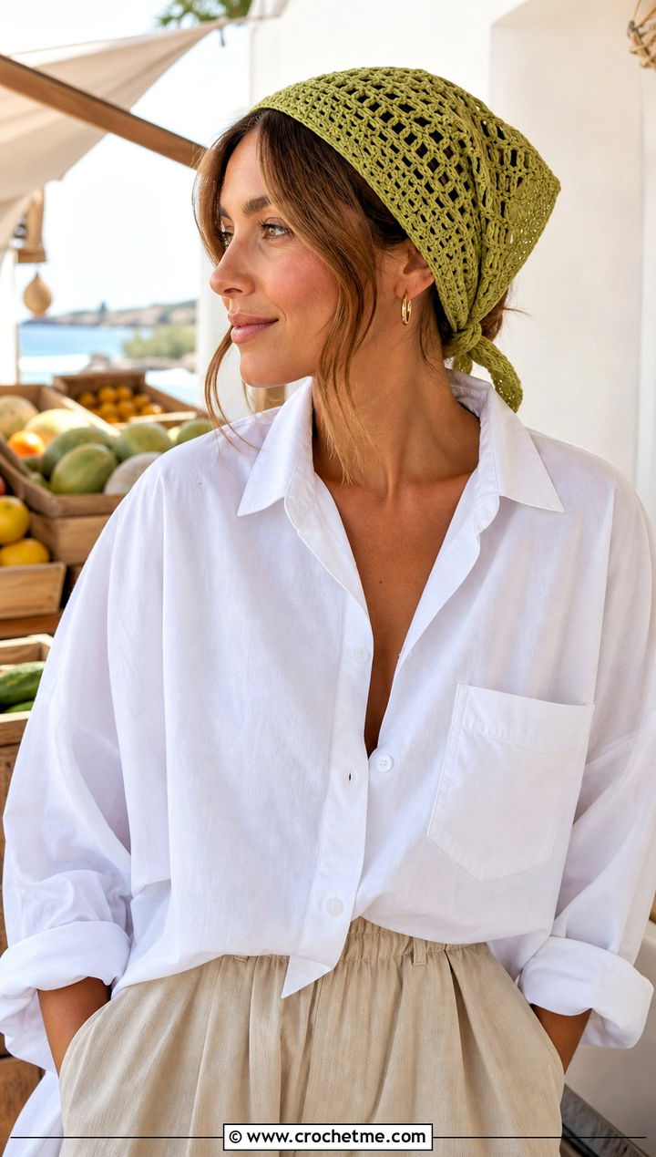 Openwork Triangle Kerchief With White Shirt - 25 Crocheted Triangle Scarf outfit ideas