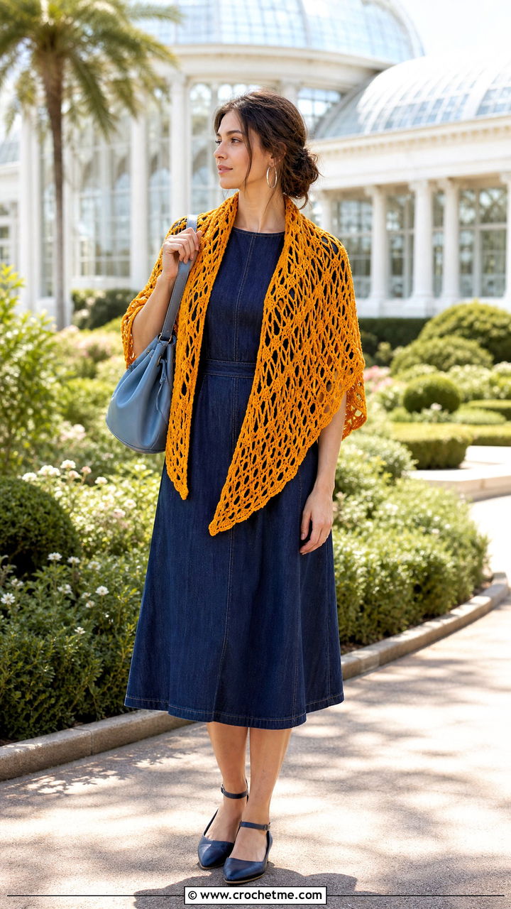 Openwork Triangle Shawl With Denim Dress - 35 crochet triangle shawl outfit ideas