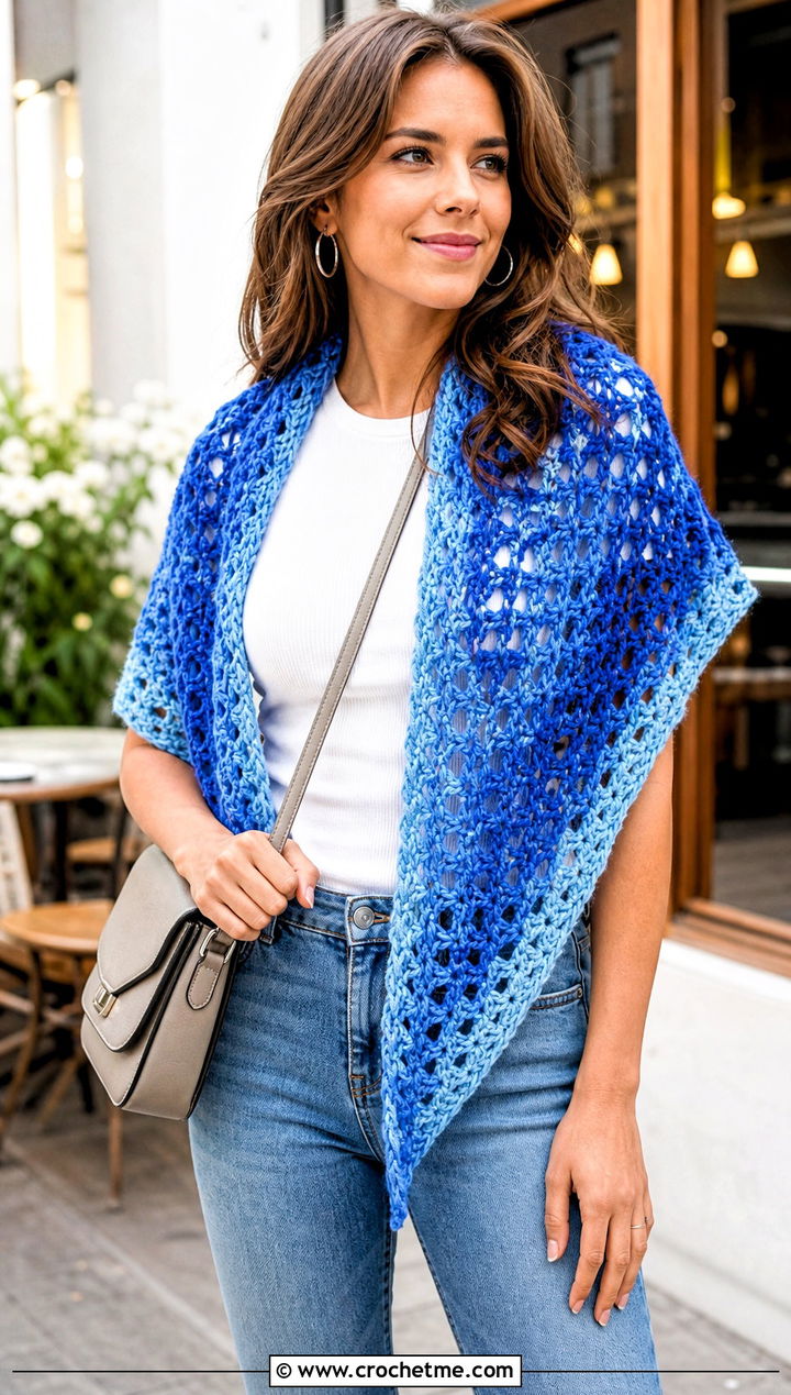 Openwork Triangle Shawl With Straight Jeans - 15 Lion Brand Crochet Shawl In A Ball outfit ideas