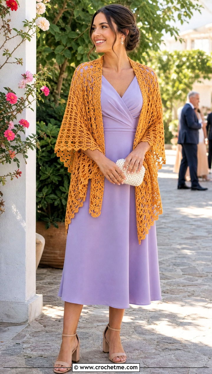 Openwork Triangle Shawl With Wedding Guest Midi Dress - 35 Easy Simple Crochet Triangle Shawl outfit ideas