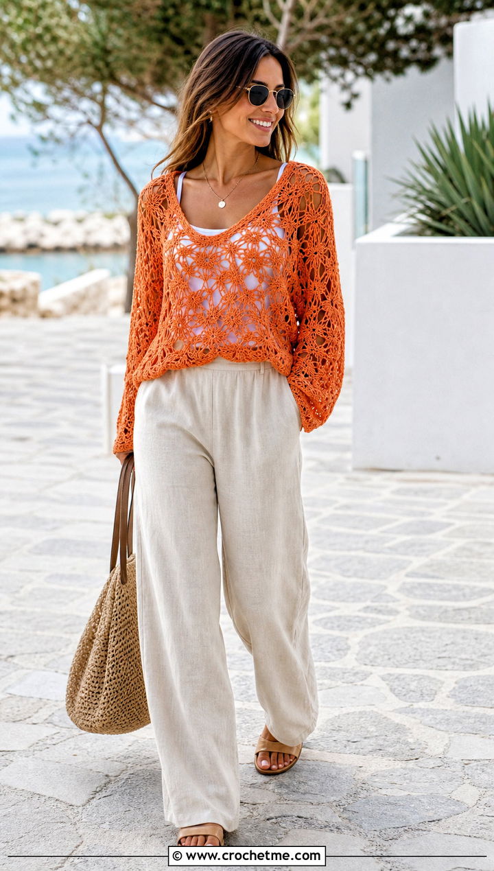 Openwork Tulip Crochet Sweater With Linen Pants - 25 Tulip Crochet Sweater outfit ideas