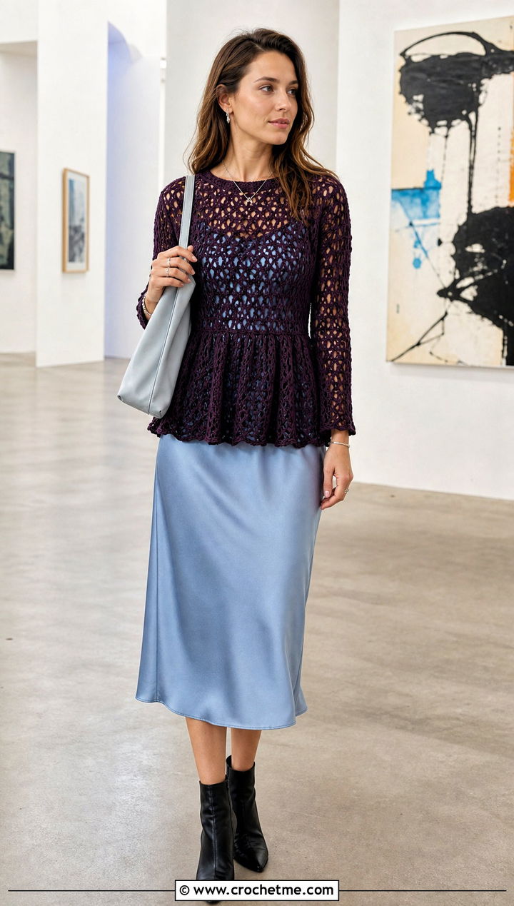 Openwork Tunic Crochet Peplum Sweater Over A Slip Dress - 15 Crochet Peplum Sweater outfit ideas