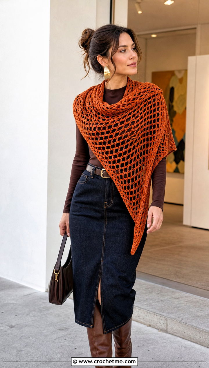 Openwork Tunisian Crochet Triangle Shawl With Denim Midi Skirt - 25 Tunisian Crochet Triangle Shawl outfit ideas