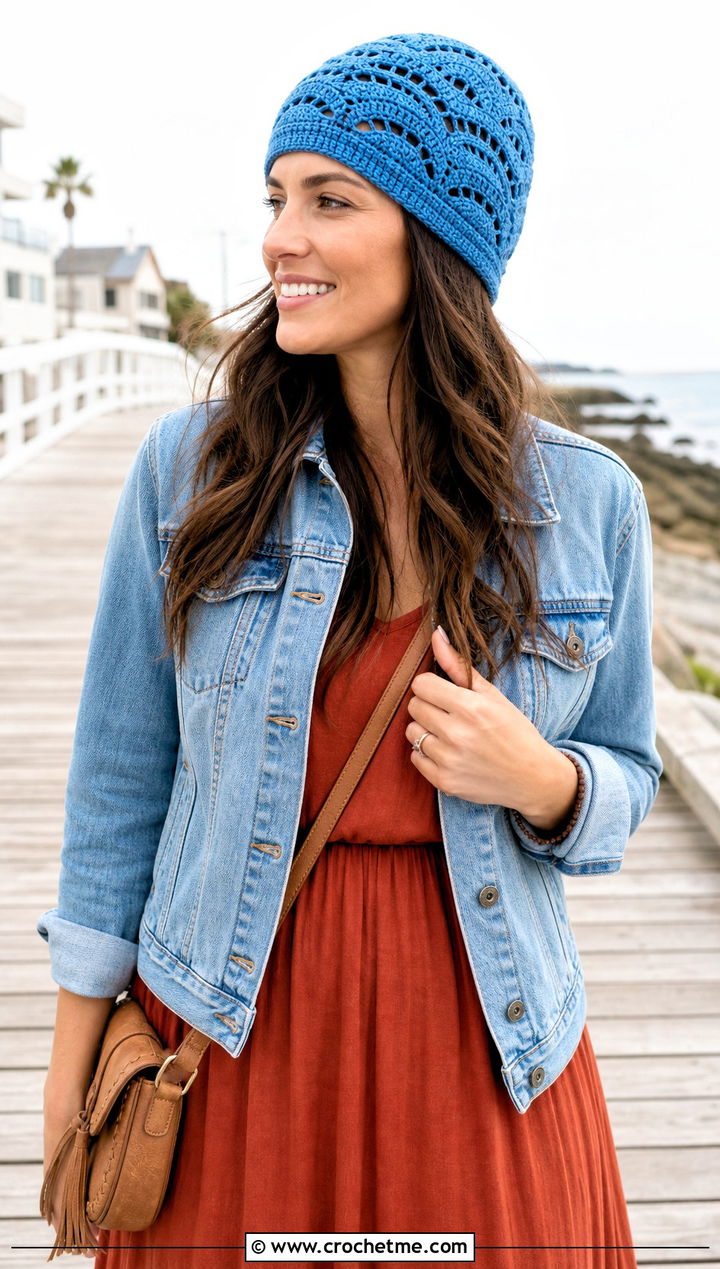 Openwork Wave Crochet Beanie With Maxi Dress - 20 Wavy Crochet Beanie outfit ideas