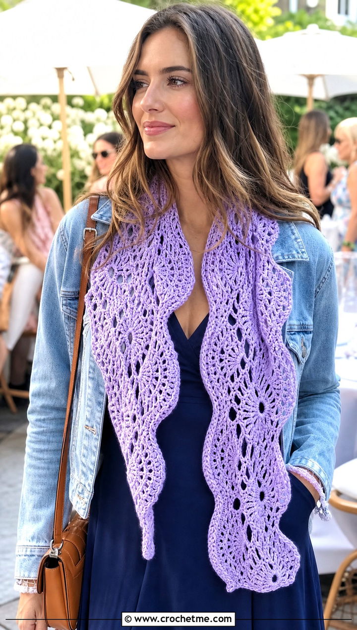 Openwork Wavy Crochet Scarf With Slip Dress and Denim Jacket - 25 wavy crochet scarf outfit ideas