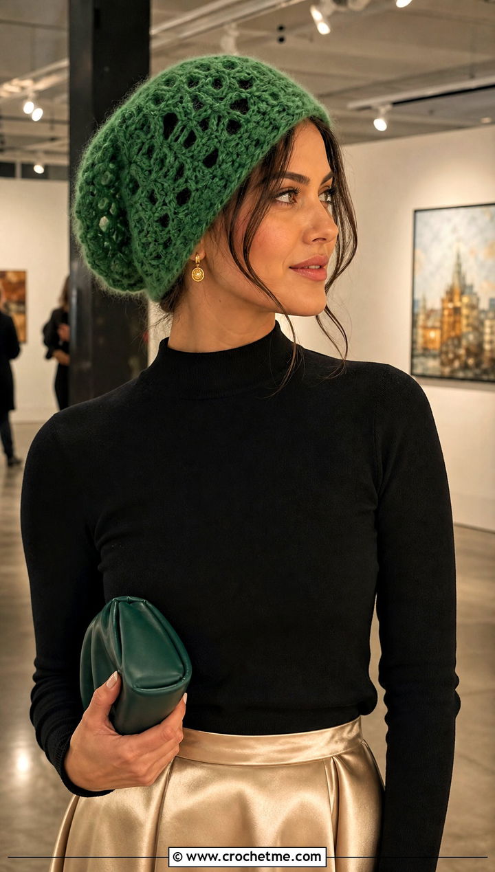 Openwork Wool Crochet Hat With Satin Skirt - 25 Wool Crochet Hat outfit ideas