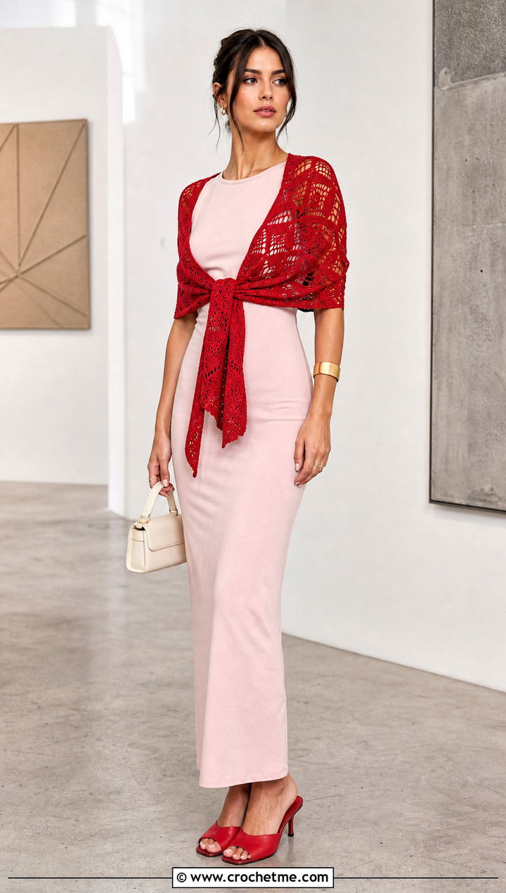 Openwork Wrap Around Shrug With Column Dress - 25 Crochet Wrap Around Shrug outfit ideas
