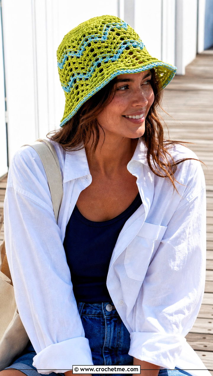 Openwork Zig Zag Crochet Bucket Hat With Shirt And Denim Shorts - 15 Zig Zag Crochet Hat outfit ideas