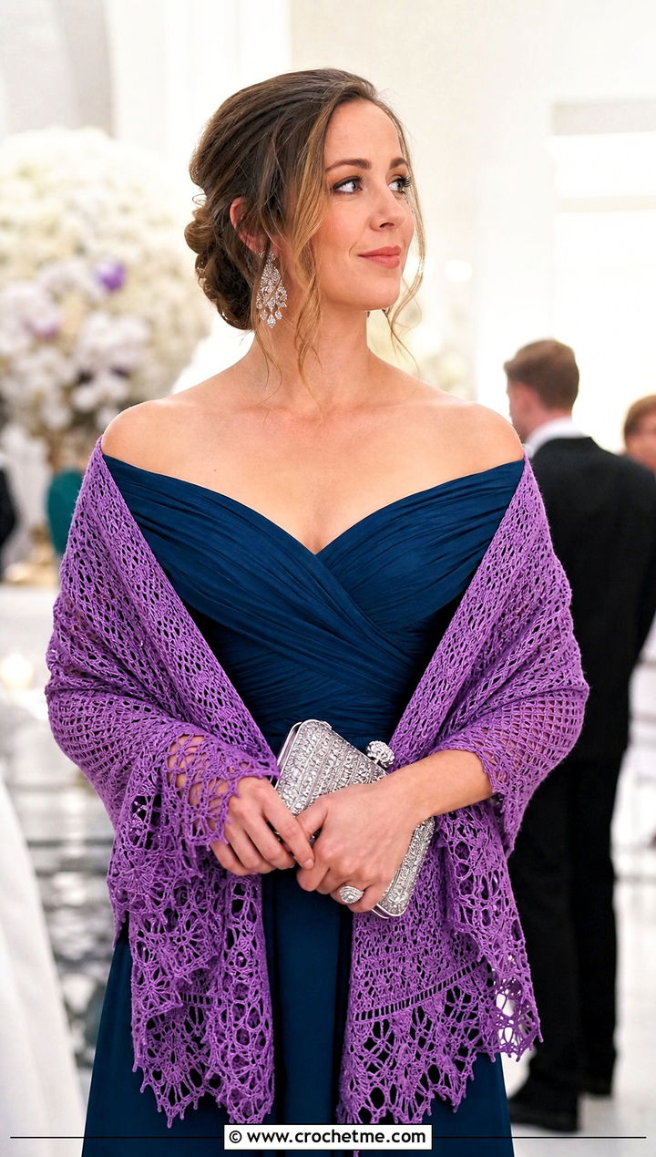 Opera Crochet Shawl With Off Shoulder Gown - 25 Vintage Crochet Shawl outfit ideas