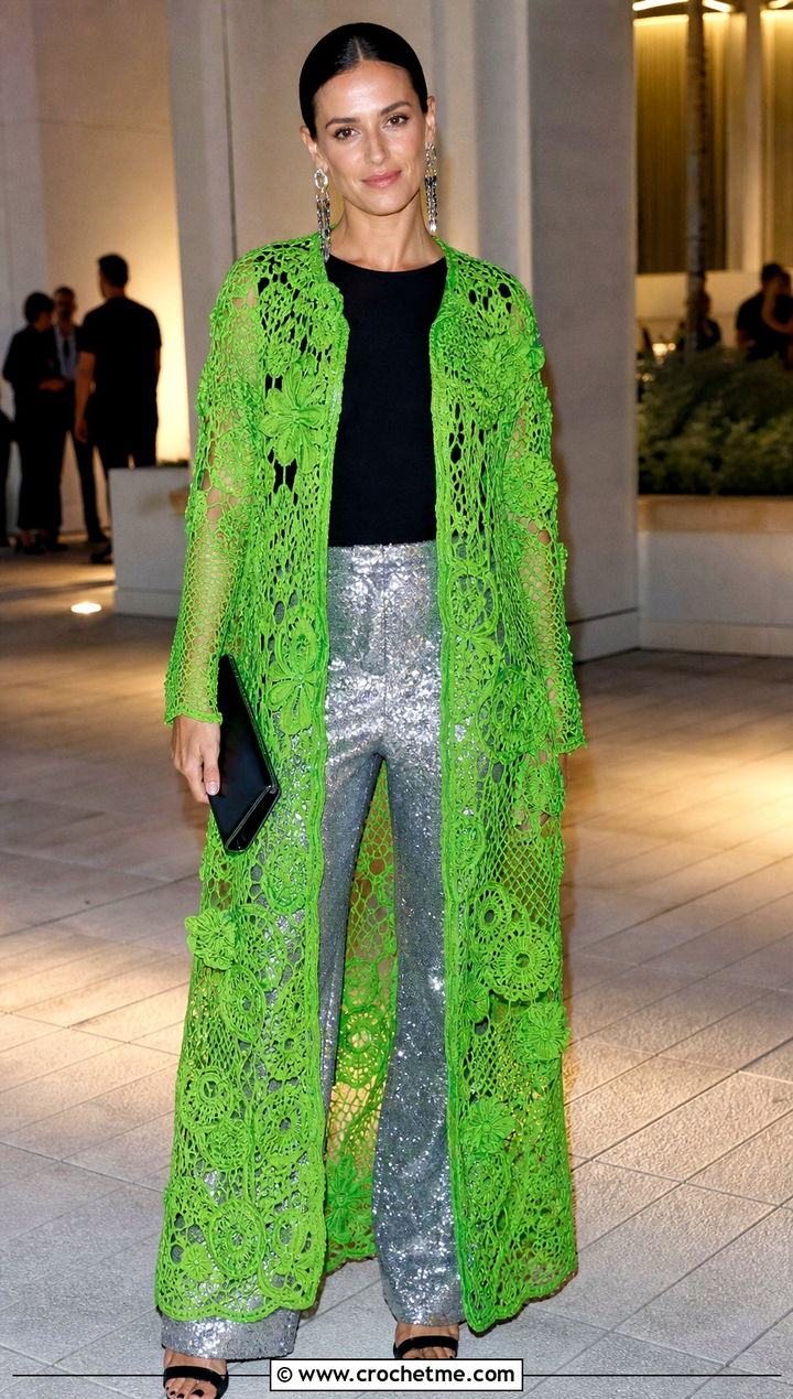 Opera Irish Crochet Coat With Sequin Trousers - 25 irish crochet coat outfit ideas