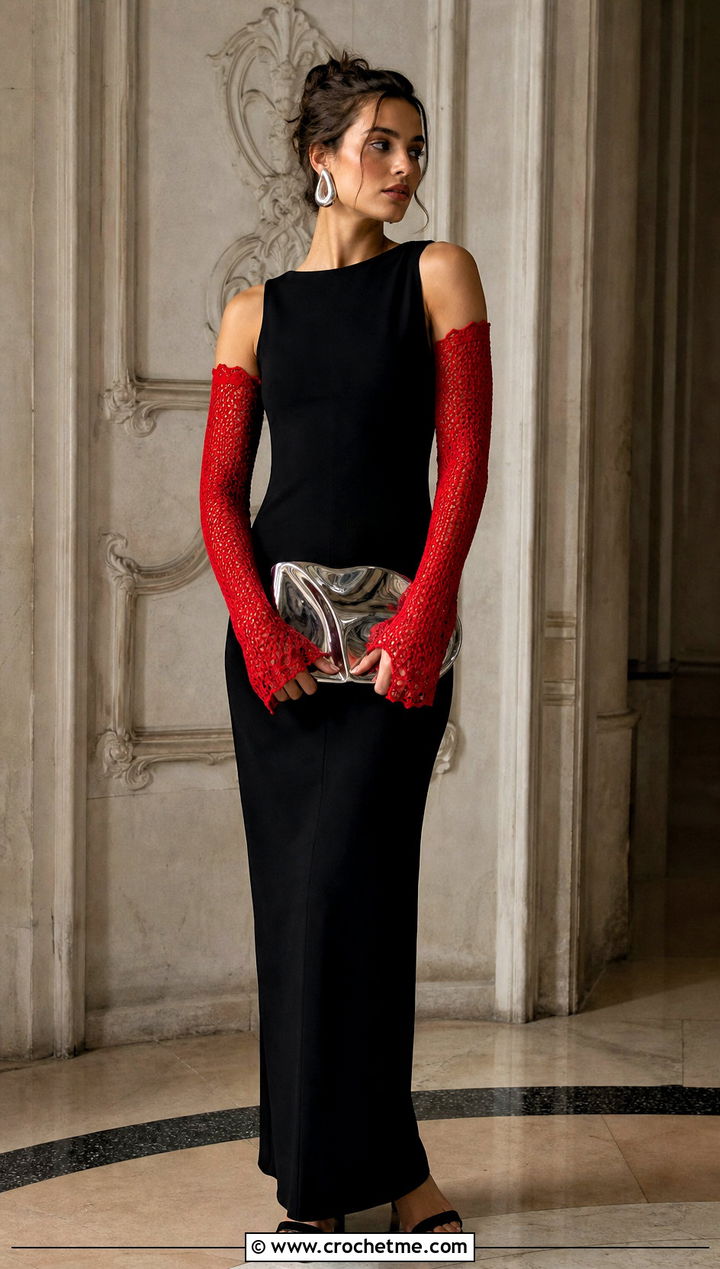 Opera Length Crochet Arm Warmers With Column Dress - 25 Crochet Arm Warmers Aesthetic outfit ideas