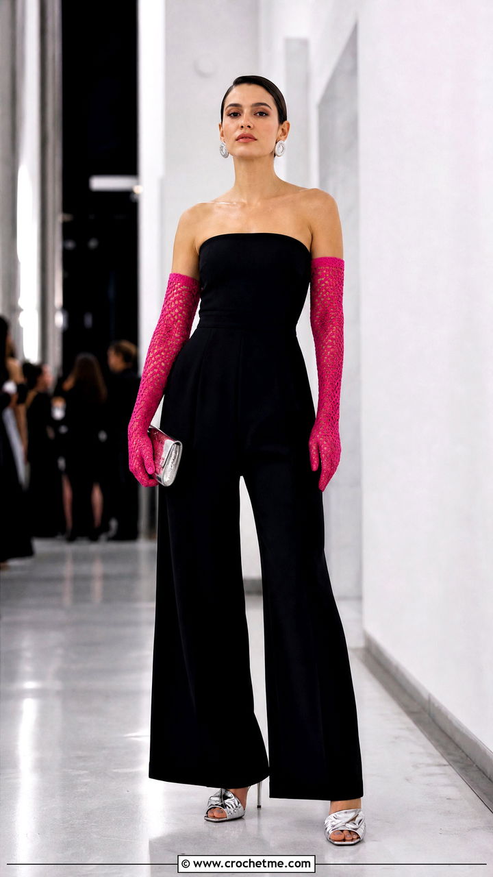 Opera Length Crochet Gloves With Strapless Jumpsuit - 35 crochet hand gloves outfit ideas