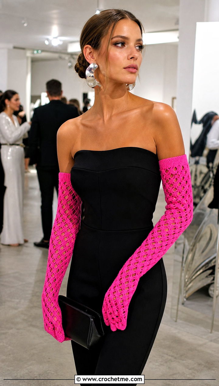 Opera Length Crochet Gloves With Strapless Jumpsuit - 30 aesthetic crochet gloves outfit ideas