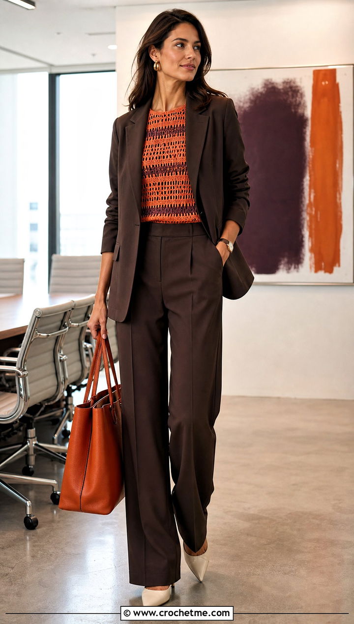 Orange And Brown Boatneck Crochet Top With Pantsuit - 15 orange and brown crochet top outfit ideas