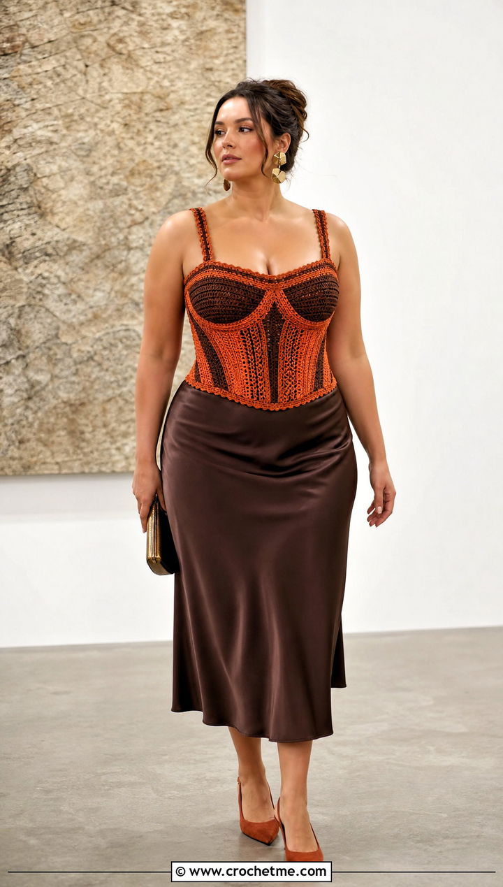 Orange And Brown Crochet Corset Top With Satin Midi Skirt - 15 orange and brown crochet top outfit ideas
