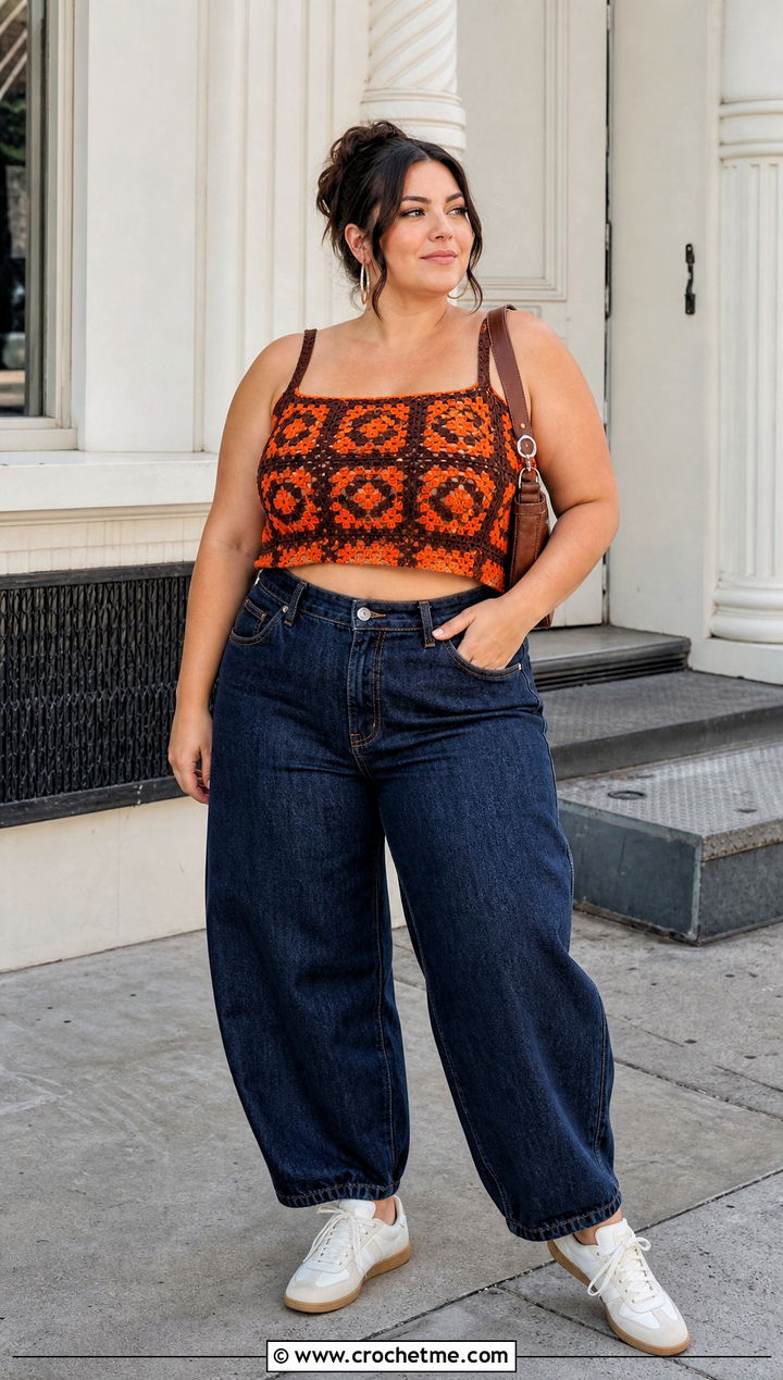 Orange And Brown Granny Square Crochet Crop Top With Barrel Jeans - 15 orange and brown crochet top outfit ideas