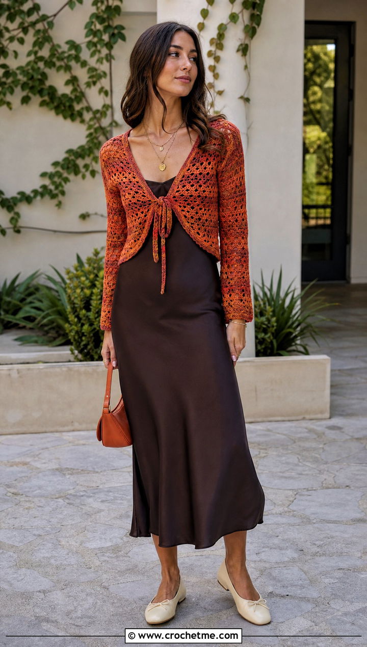 Orange And Brown Tie Front Crochet Top With Slip Dress - 15 orange and brown crochet top outfit ideas