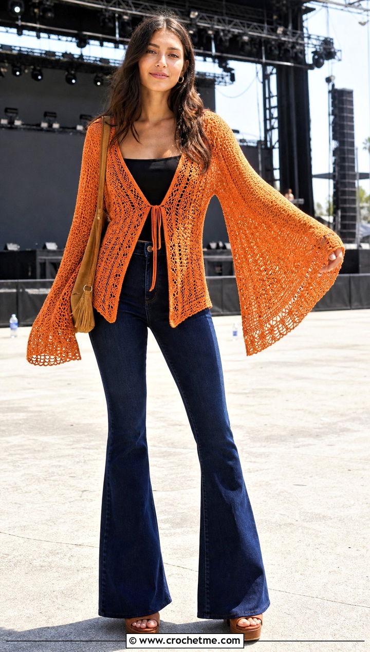 Orange Bell Sleeve Tunic Cover Up With Flared Jeans - 20 orange crochet cover up outfit ideas